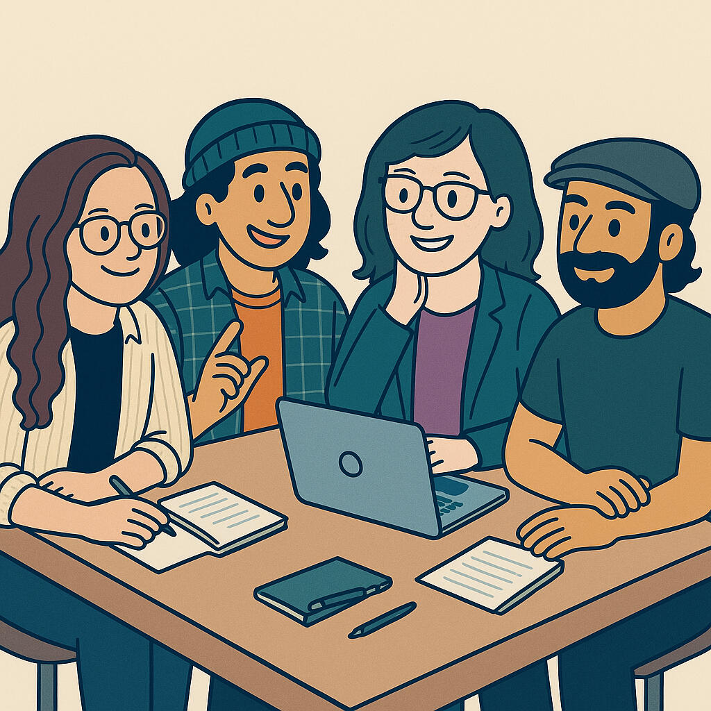 Animated picture of the team The four founding members of Transformative Transaction sitting at a table. From left to right: Alyse, writing in a notebook. They have long, reddish-brown hair, glasses, and are wearing a cream-coloured shirt with jeans. Next is Beash, who is wearing a da